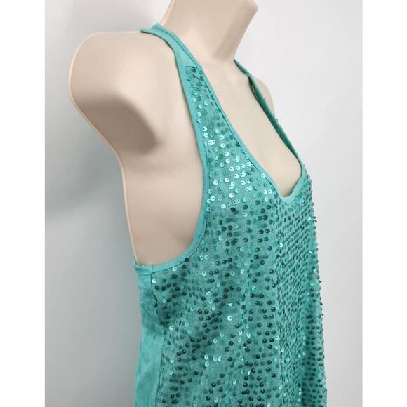 Mossimo Racer Back Tank Top Women's Med Green Sequins Rayon Polyester Scoop Neck - Picture 2 of 7